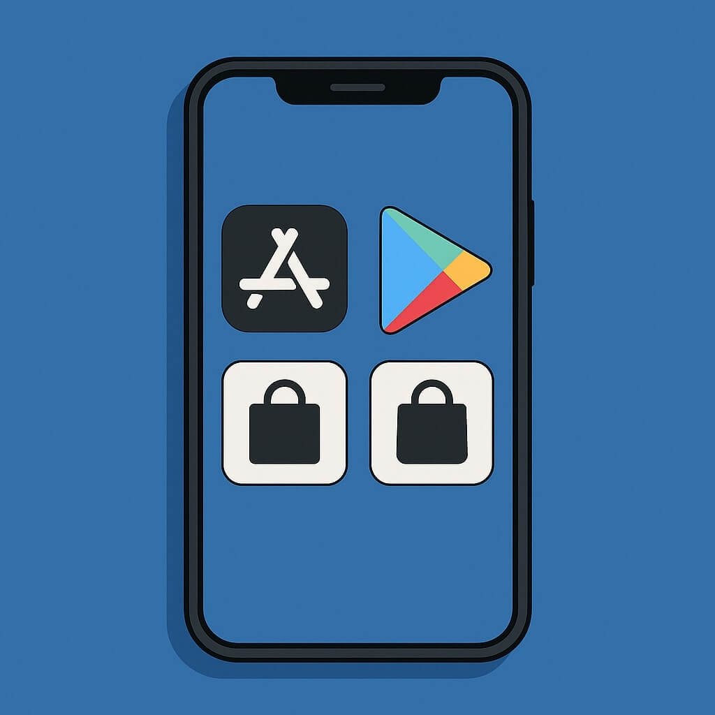 Illustration depicting a mobile device displaying multiple app store icons, symbolizing the introduction of third-party app stores alongside Apple's App Store and Google Play.