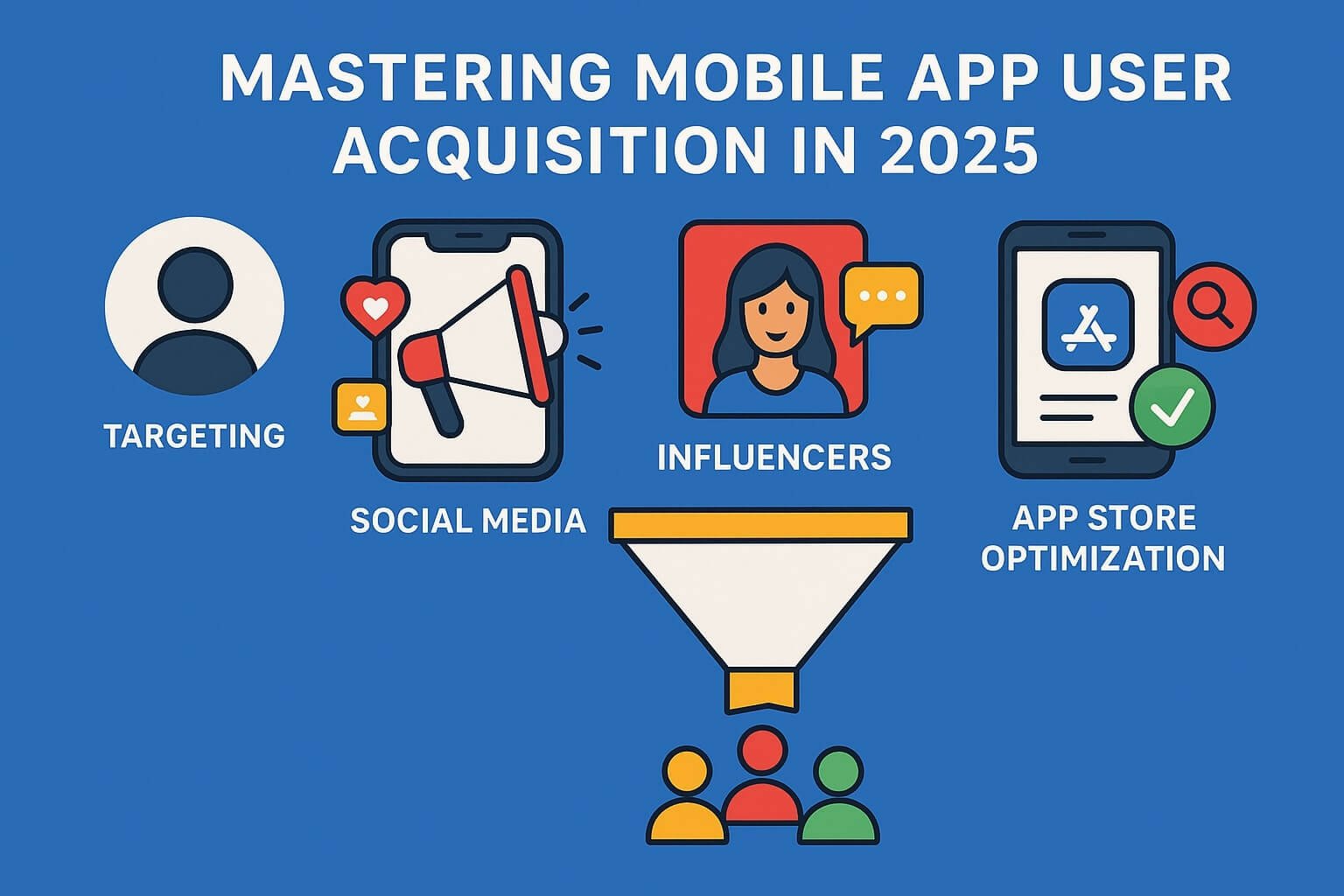 Illustration of a mobile app marketing funnel with icons representing various user acquisition strategies like social media, influencer marketing, and app store optimization.