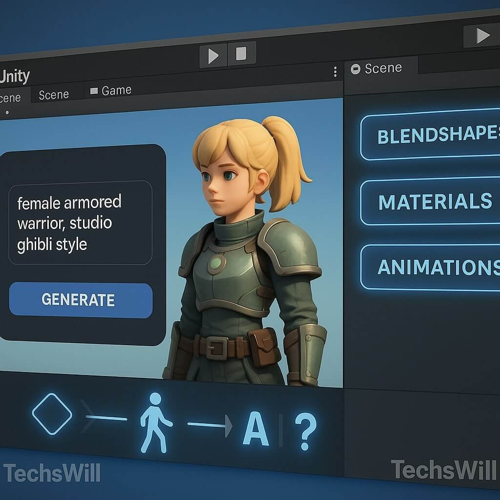 A Unity game editor showing an AI-generated character beside a prompt window, with a side panel of blendshapes, materials, and animation tools glowing in a stylized tech UI.