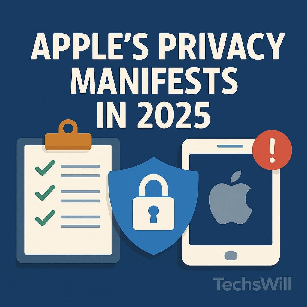 An App Store privacy notice on an iPhone screen with SDK symbols, document icons, and a lock overlay. Apple logo floats above with a compliance checklist in the background