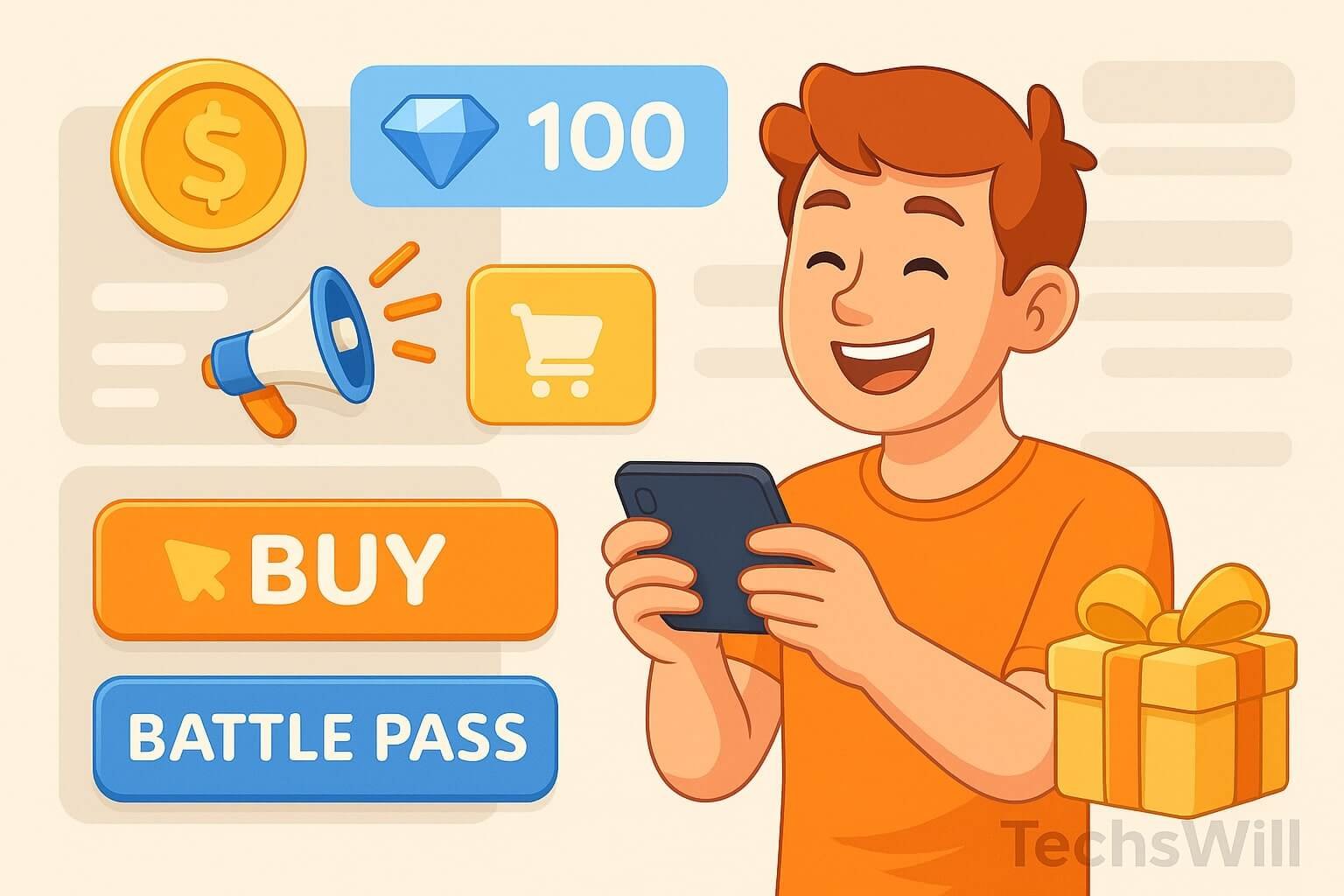 A happy player holding a mobile phone with in-game rewards, surrounded by icons for coins, ads, season passes, and shopping carts, all set against a mobile UX-style backdrop