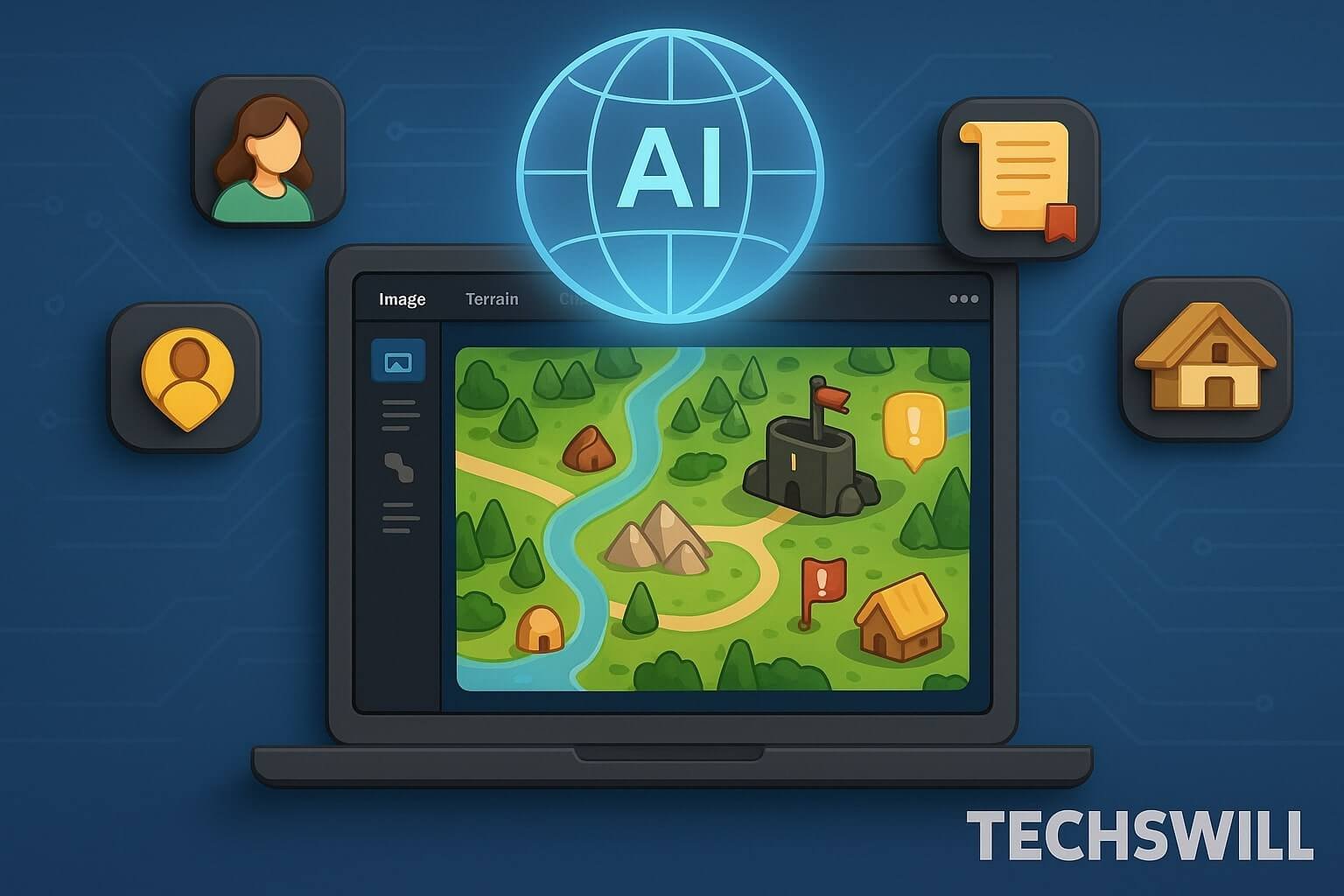 Illustration of an AI-powered computer generating a fantasy game map with terrain, rivers, and icons of NPCs, quests, and structures, glowing under a holographic globe