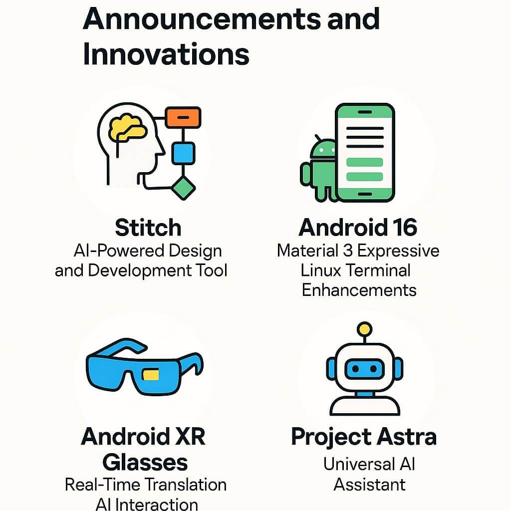 Google I/O 2025 highlights with icons representing AI, Android, and developer tools