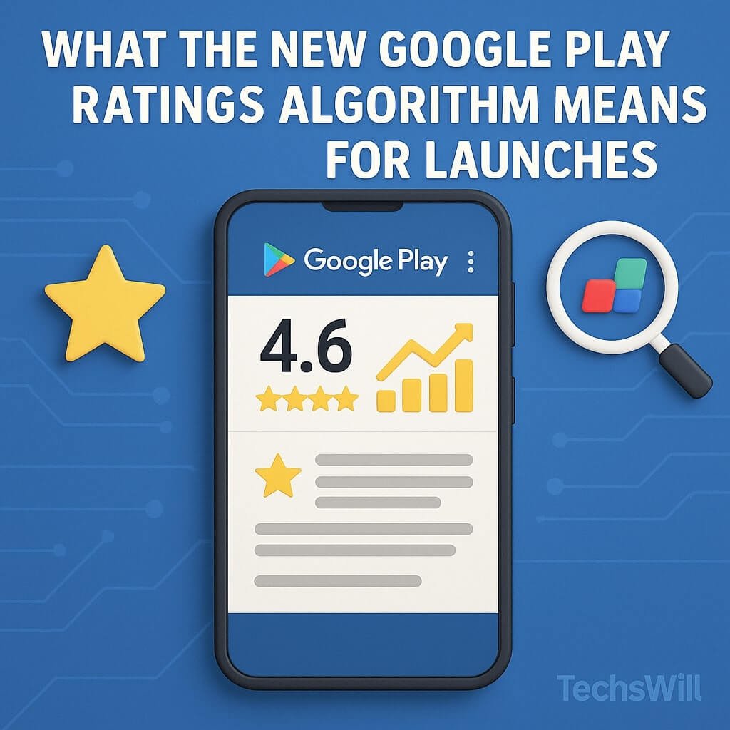 A smartphone showing a Play Store listing with a rising star rating graph, a highlighted user review, and Google Play algorithm icons on a blue background