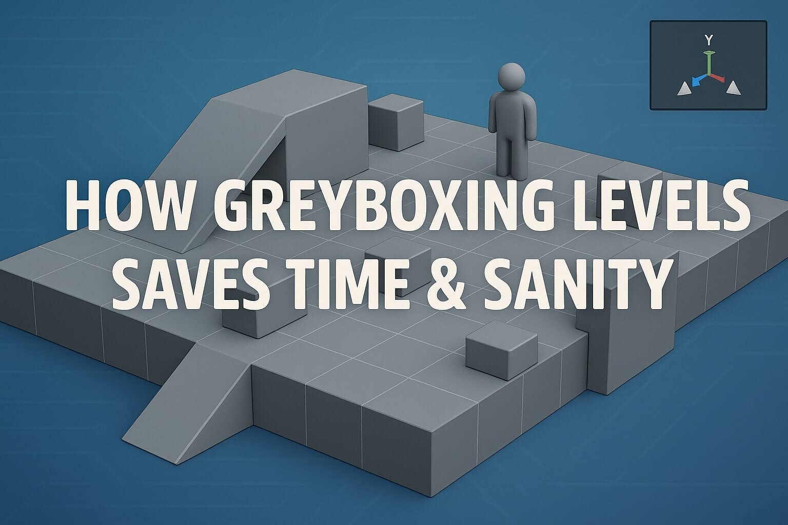 Flat-shaded 3D game scene showing a greybox layout with placeholder platforms, ramps, and obstacles, all inside a grid-based editor in Unity or Unreal