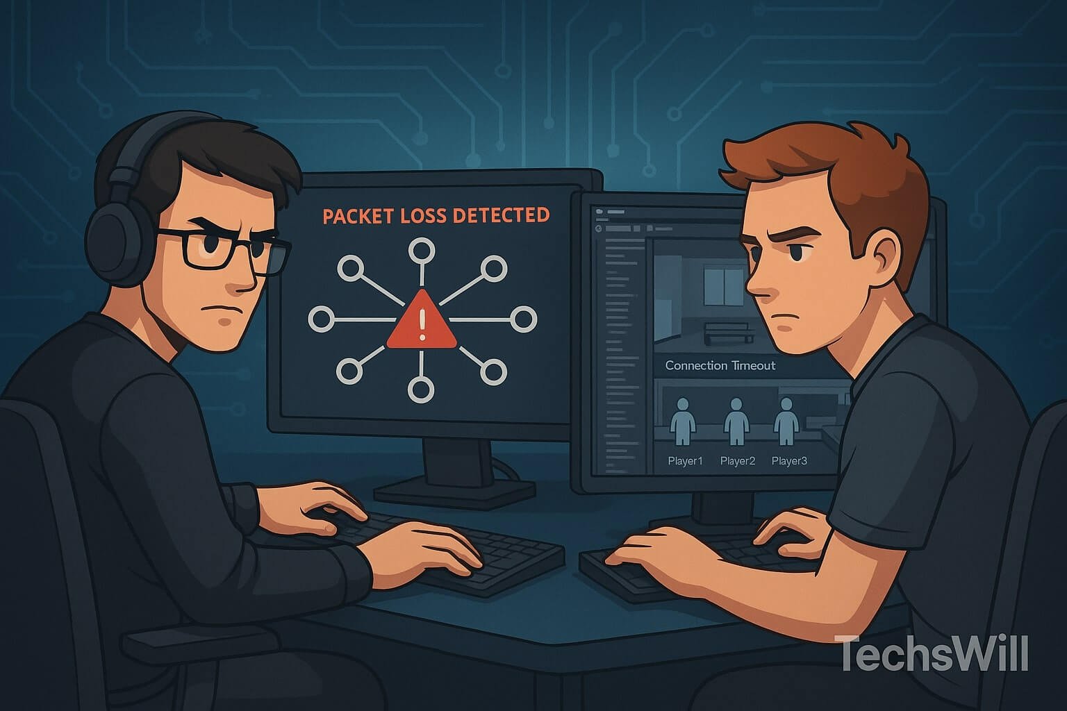 Two software developers review a real-time multiplayer backend map with server-client diagrams and packet loss indicators on dark blue code and UI panels