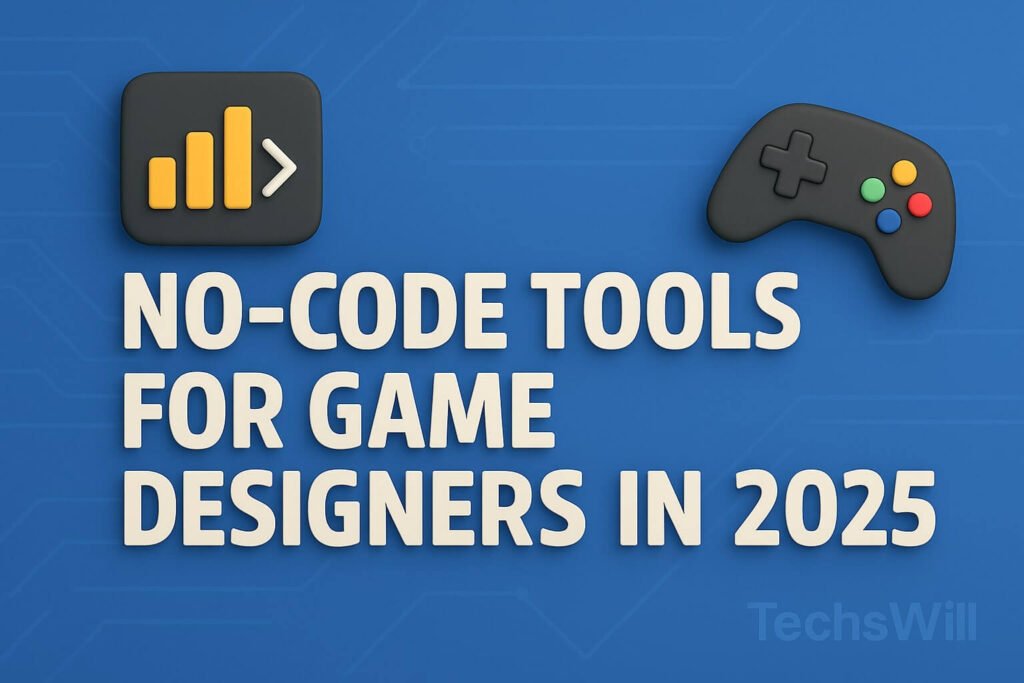 Colorful interface showing drag-and-drop blocks, character sprites, UI menus, and logic connectors, symbolizing no-code game design tools like GDevelop and Buildbox