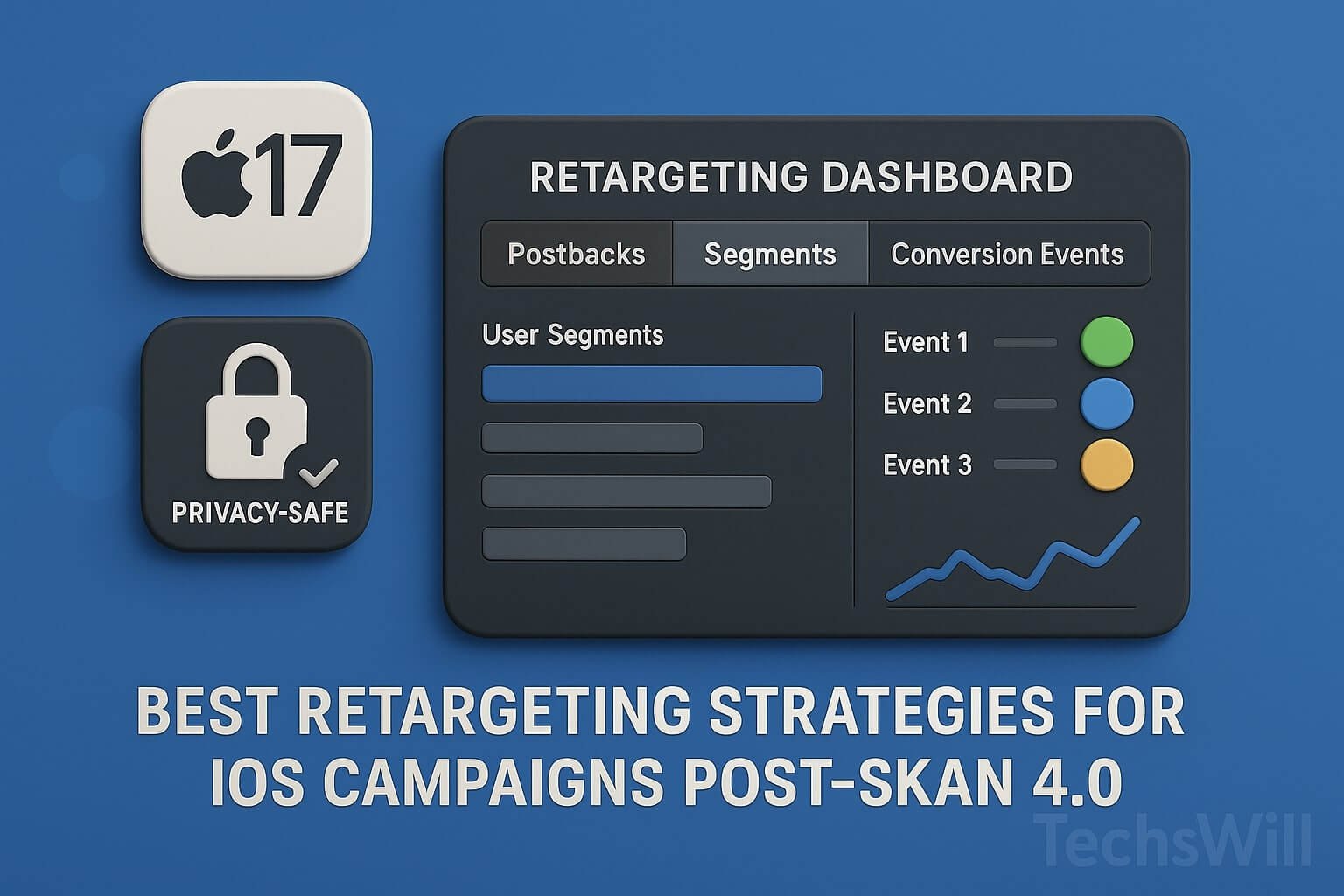 A marketing dashboard showing SKAN postbacks, user segments, and conversion events for iOS retargeting, framed by iOS 17 icons and a privacy-safe badge