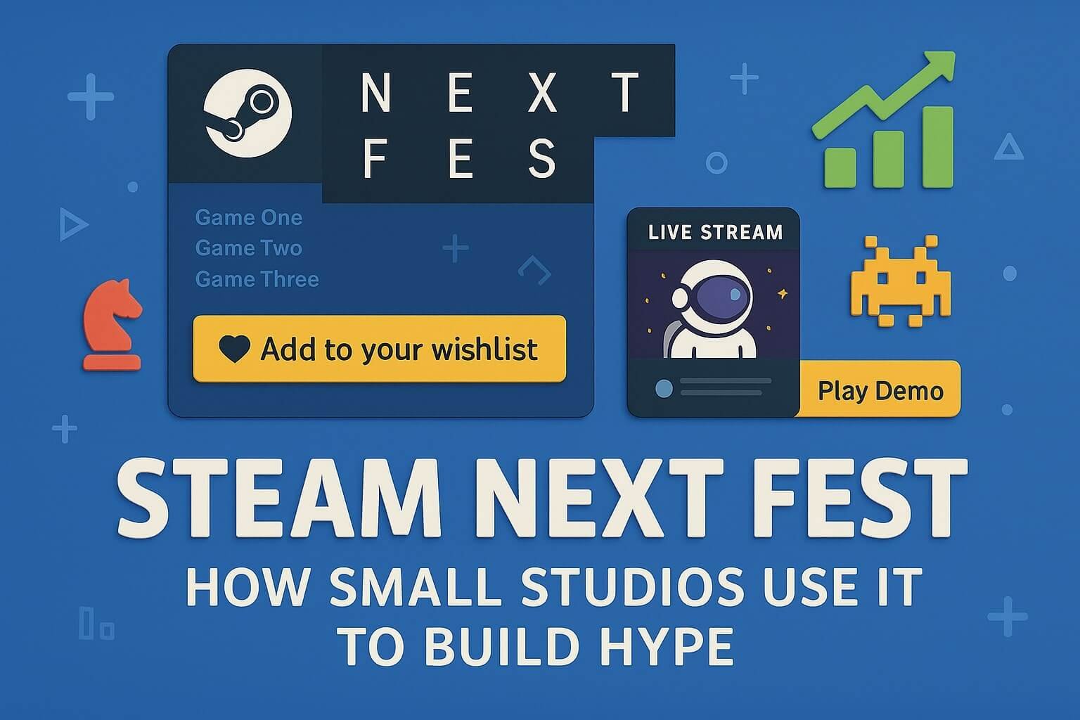 A stylized Steam interface with a 'Next Fest' banner, wishlist button, live stream window, and play demo button, surrounded by indie game icons and graphs