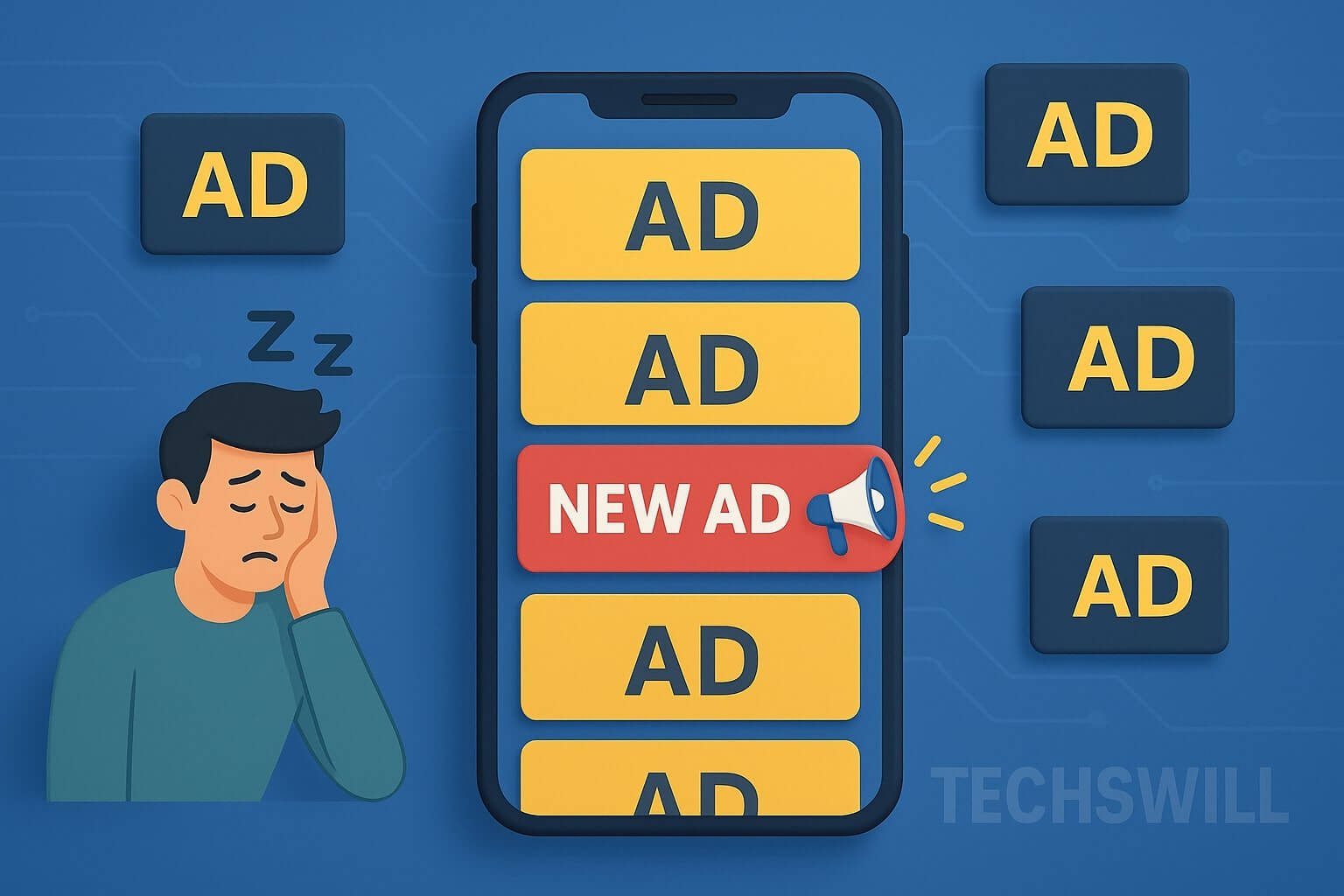 Illustration depicting a mobile device surrounded by repetitive ad creatives, symbolizing ad fatigue, with a refreshed ad standing out