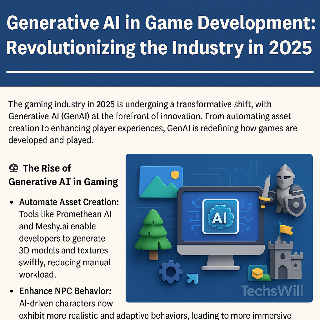 Illustration depicting AI algorithms generating game assets, characters, and environments in a futuristic game development setting