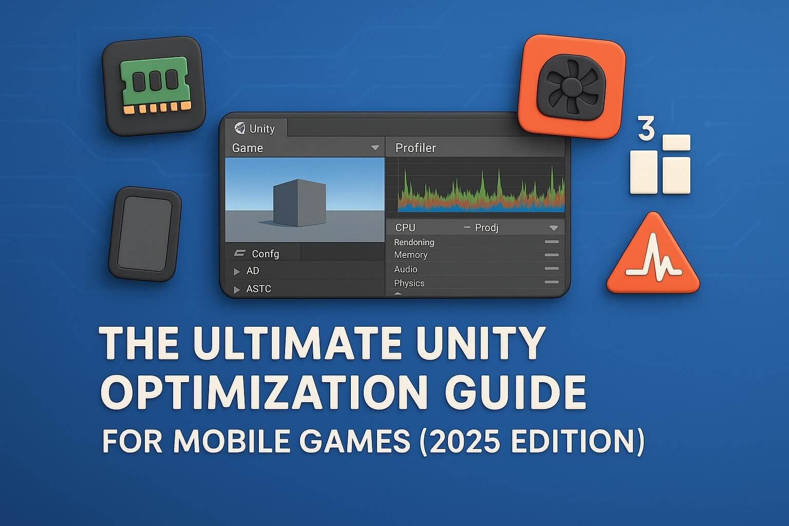 A Unity editor showing the Profiler window and game view, surrounded by mobile performance icons like memory, draw calls, and CPU spikes on a blue gradient background
