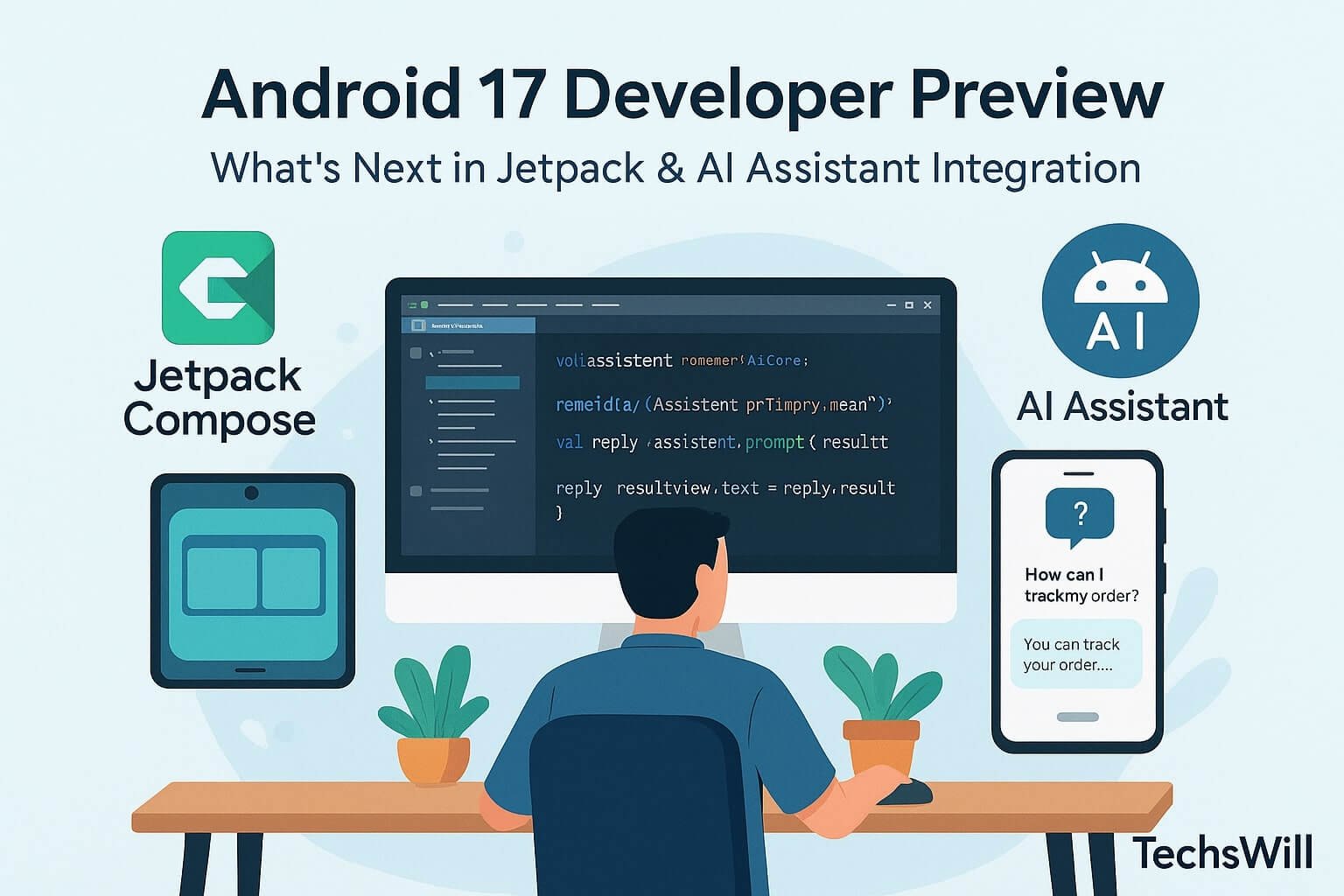 Illustration of Android Studio with Jetpack Compose layout preview, Kotlin code for AICore integration, foldable emulator mockups, and developer icons