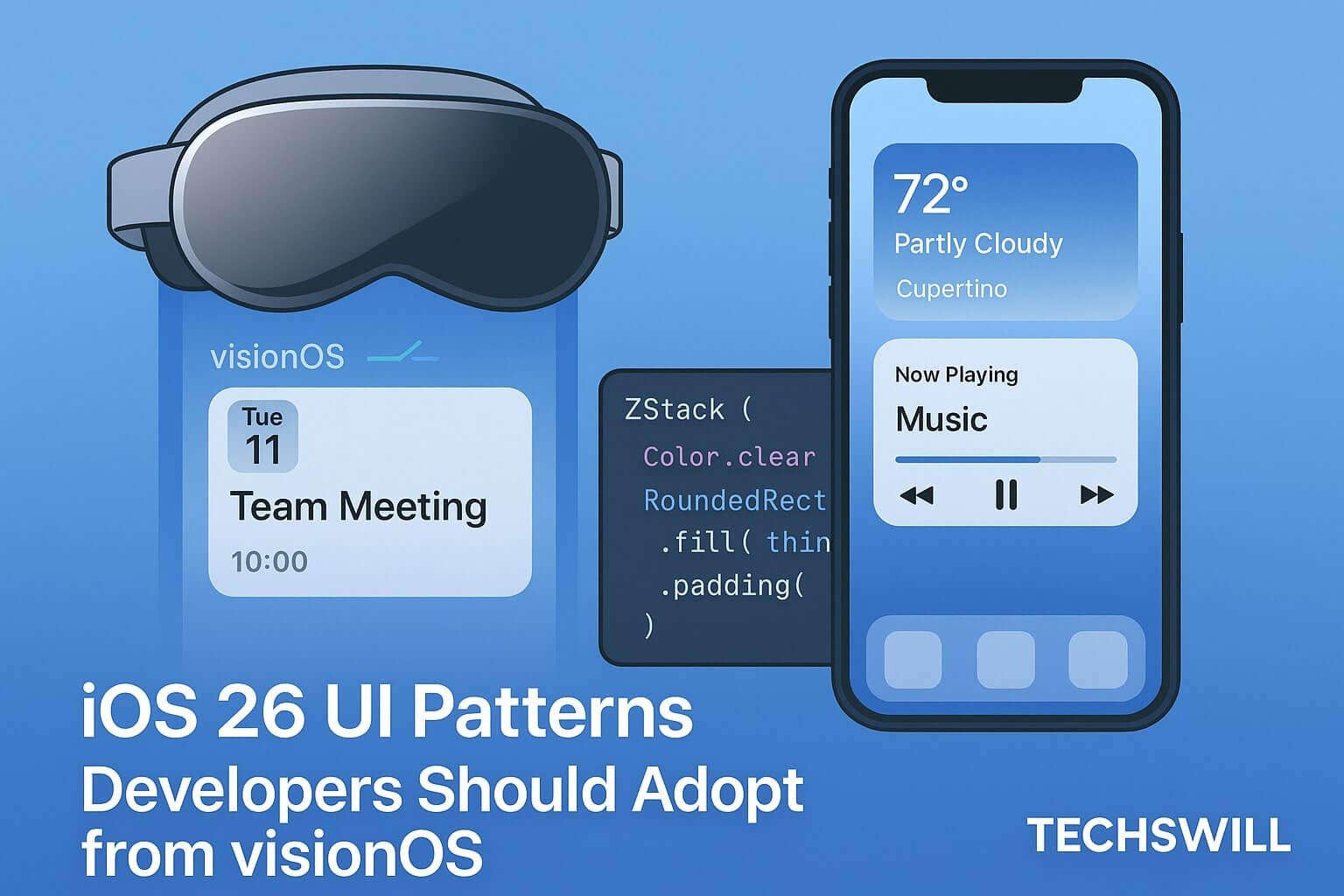Side-by-side comparison of iOS 26 and visionOS UI styles with SwiftUI layout code, showcasing adaptive layout, blurred cards, and spatial hierarchy in Apple’s latest design system.