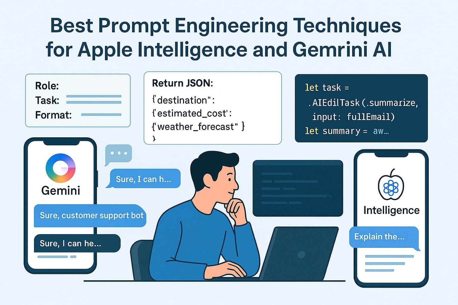 Illustration showing developers testing and refining AI prompts using Gemini and Apple Intelligence, with prompt templates, syntax panels, and code examples in Swift and Kotlin.