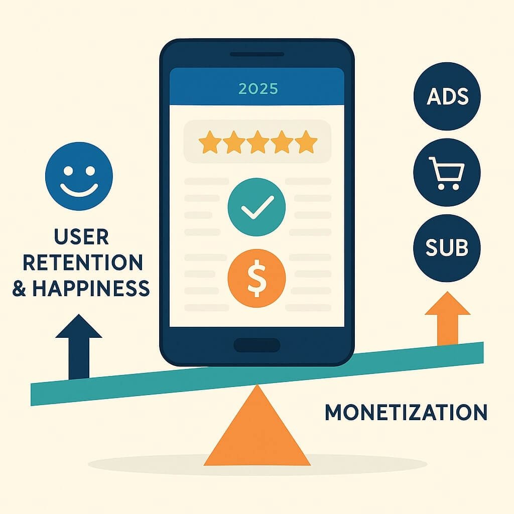 Illustration showing a mobile app balancing monetization methods like subscriptions, ads, and in-app purchases, with user happiness and retention on the other side