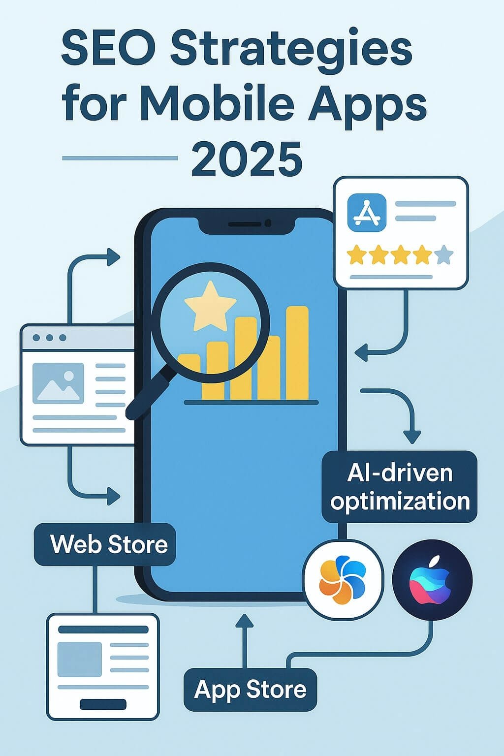 Flat-style mobile phone interface with ranking charts, app store stars, web landing pages, and Gemini/Siri assistant icons connected by arrows and flow lines.