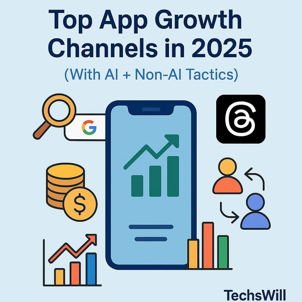 Modern mobile phone with growth icons: search engine, Threads logo, money stack, user referral, and charts, representing app growth strategies for India and US in 2025.