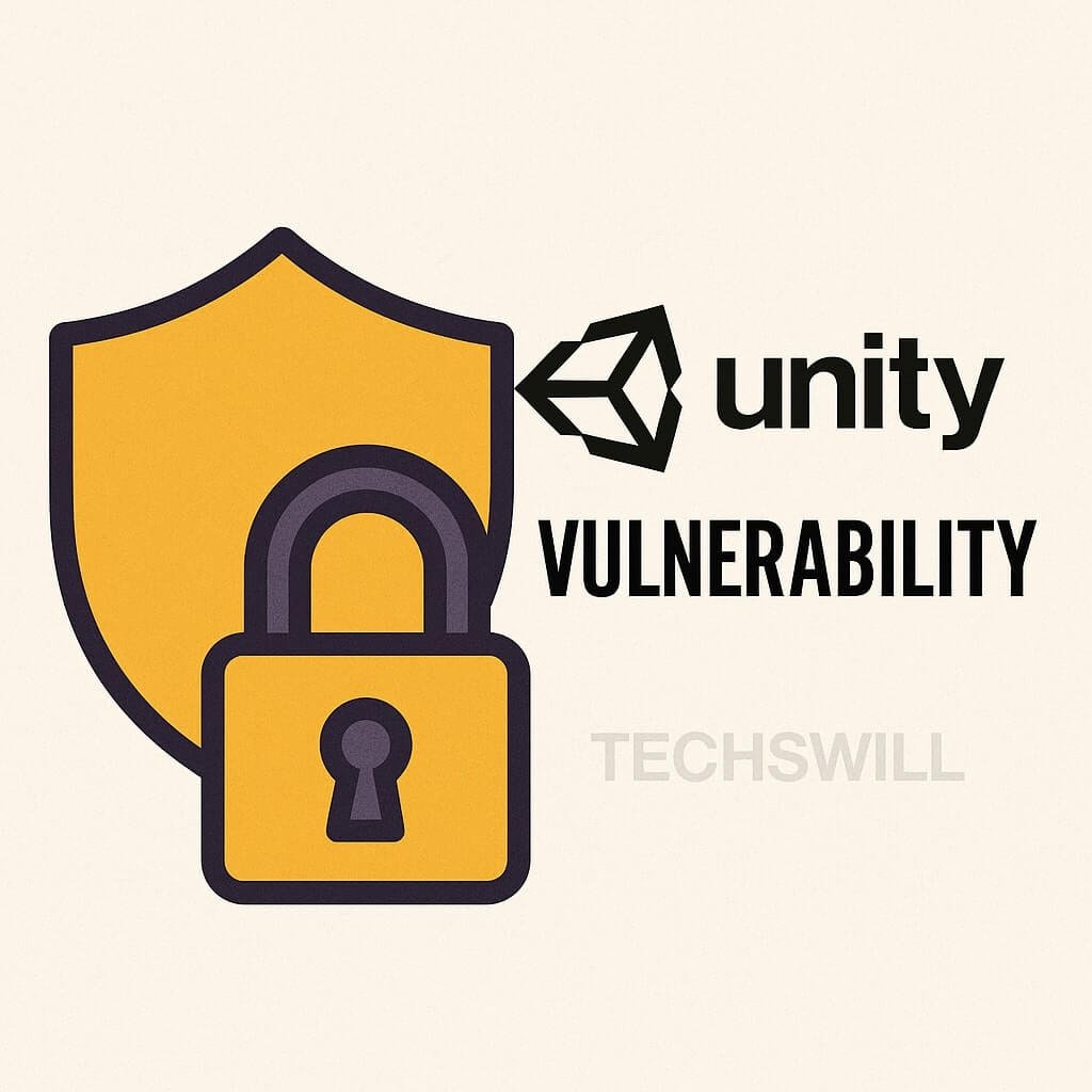 Unity developer updating game project after security vulnerability alert, showing Unity Hub patch interface with TechsWill watermark centered