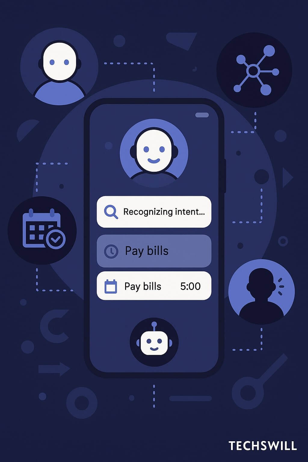 A futuristic mobile app with autonomous AI agents acting on user input, showing intent recognition, scheduled tasks, contextual automation, and floating chat icons.