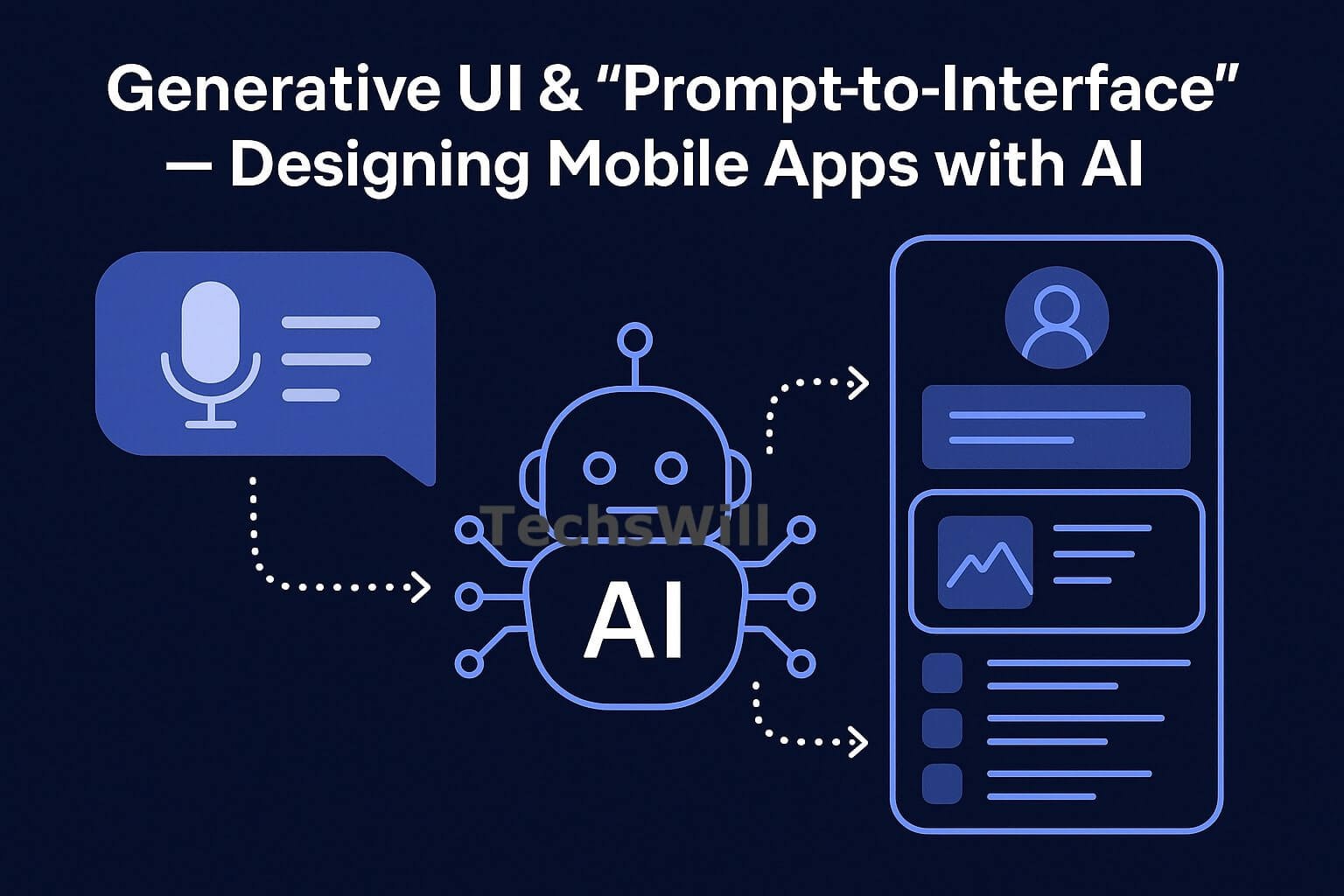 Illustration showing AI models running locally on mobile and edge devices, with inference chips, token streams, and no cloud dependency.