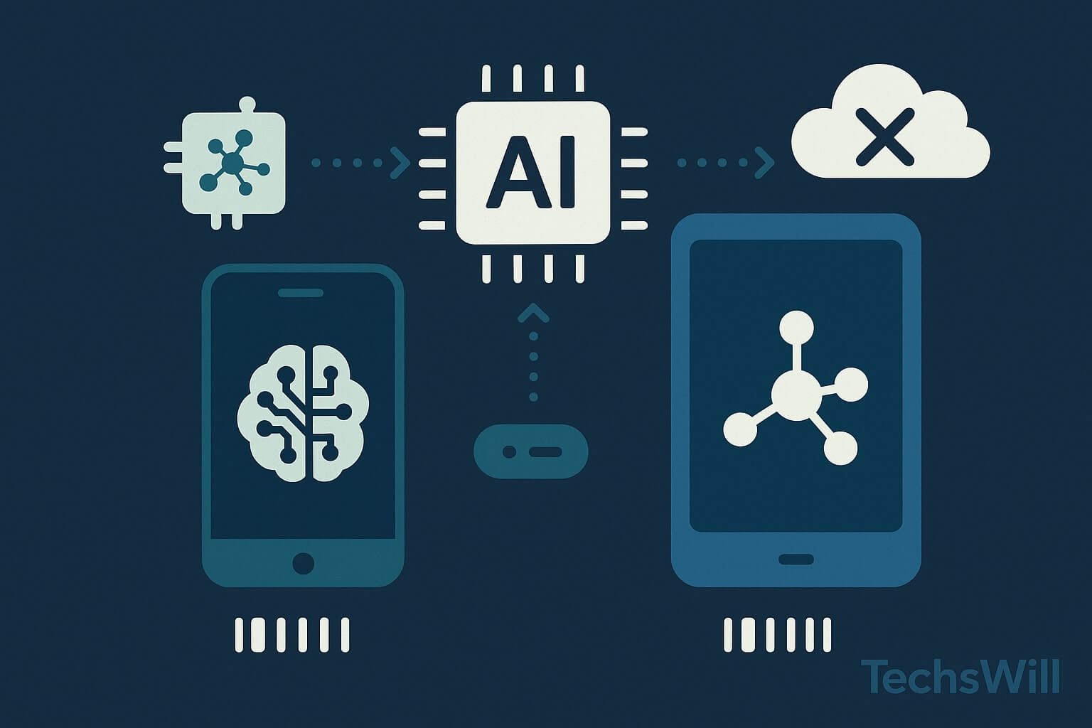 Flat-style visualization of mobile and edge devices running LLMs locally, with AI icons offloading to chipsets instead of cloud symbols.