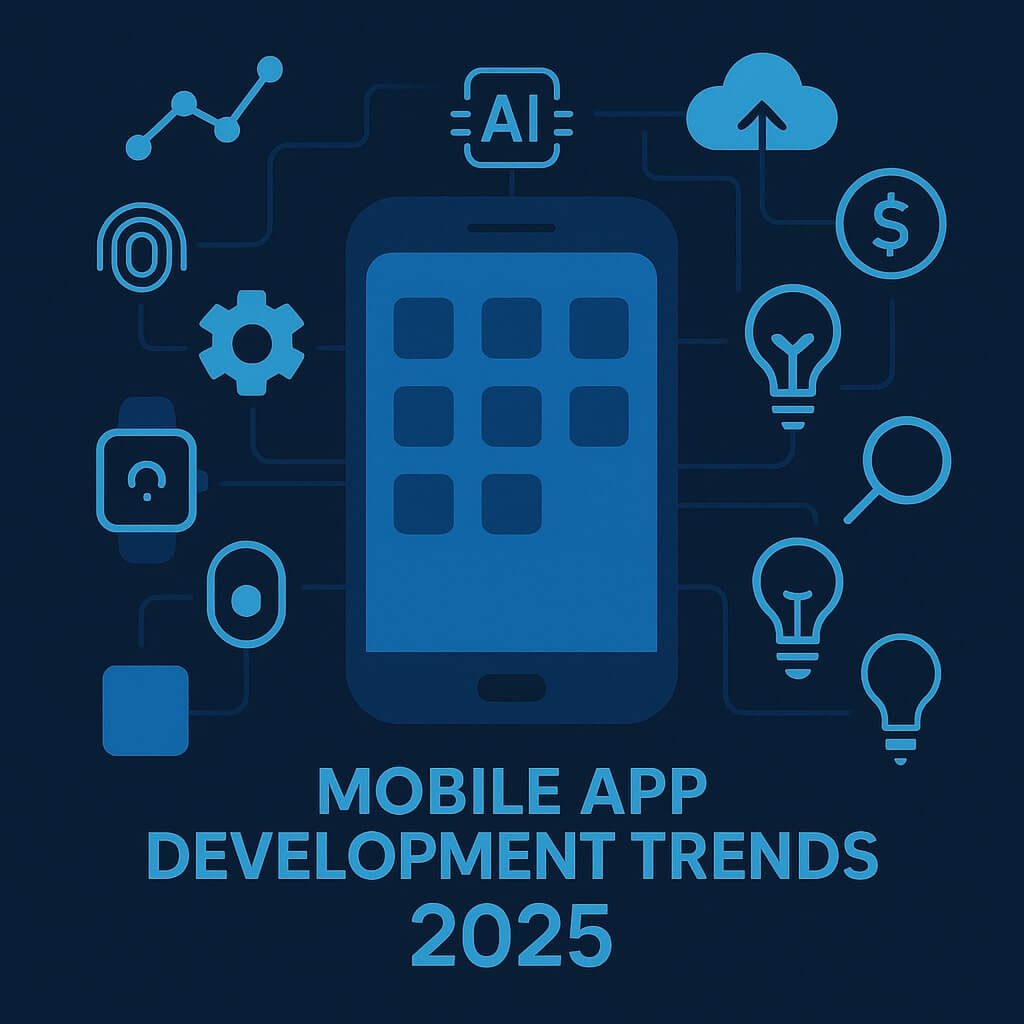 Flat-style illustration showing modern developers in India and the US surrounded by icons like AI, 5G, AR, low-code, and edge computing, with mobile devices in center