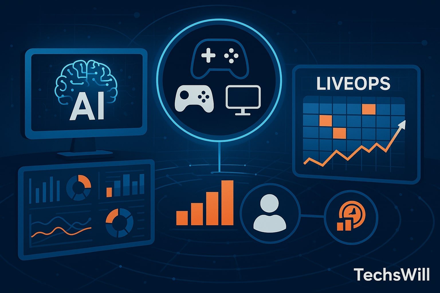 Futuristic dashboard combining AI analytics, cross-platform game engine icons, and a LiveOps event calendar, with a subtle centered TechsWill watermark